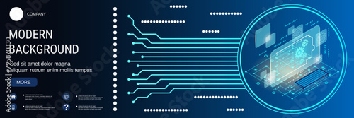 Digital technology banner vector design template. Digital brain, artificial intelligence, innovation technology flat 3d isometric concept