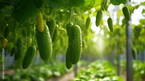 Natural large cucumber growing on a branch in a greenhouse.AI generated image