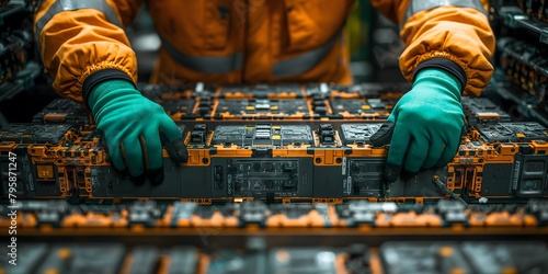 electric vehicle battery being disassembled in the style of engineers wearing green gloves and working in a factory setting © GreenOptix