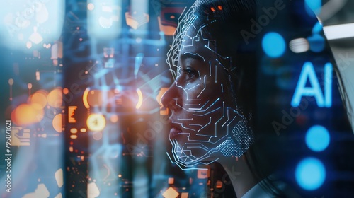 cyborg woman staring at digital screen