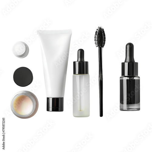 Minimalist Cosmetics Packaging Mockup  Clean Cut Out PNG Scene  Monotone Facial Cleanser Makeup And Skin Care Tools 