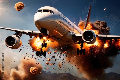 Passenger plane disaster, explosion and flames in the air while flying
