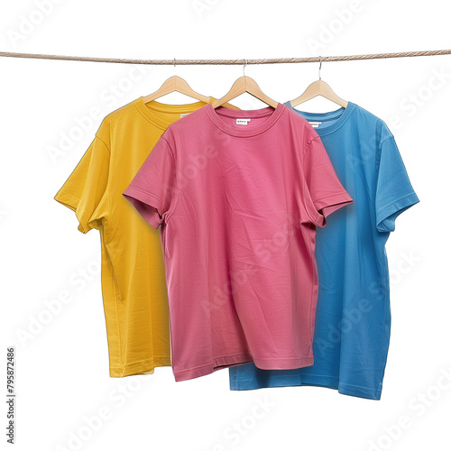 colorful cmyk colored tshirts on clothes line isolated white background