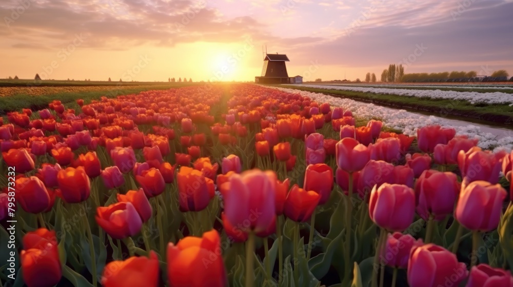 Obraz premium Landscape with windmills in a tulip field.AI generated image