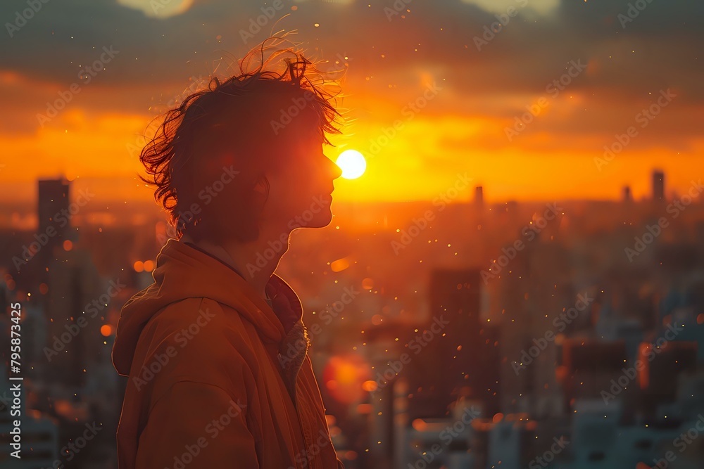Naklejka premium Urban Sunset Contemplation: Backlit Figure