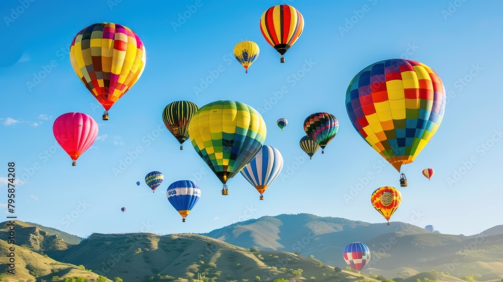 Fototapeta premium Colorful hot air balloons on a beautiful mountain background