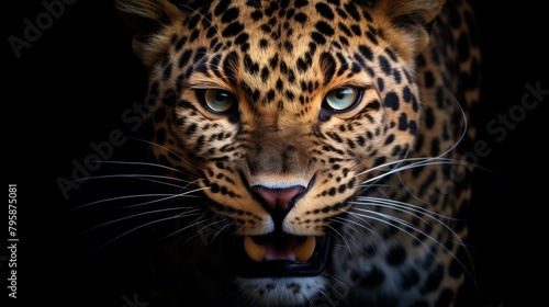 Intense gaze of a leopard's mouth up close against a deep black backdrop.
