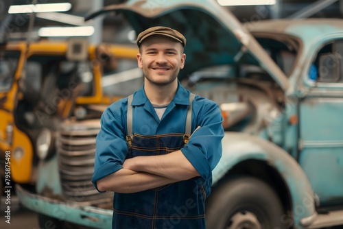 happy car mechanic man at car workshop, portrait car mechanic, german car shop, repair cars © GreenOptix