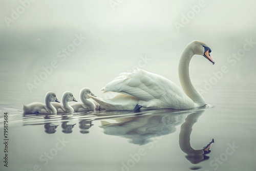 the mother swan and her babies are swimming in a row