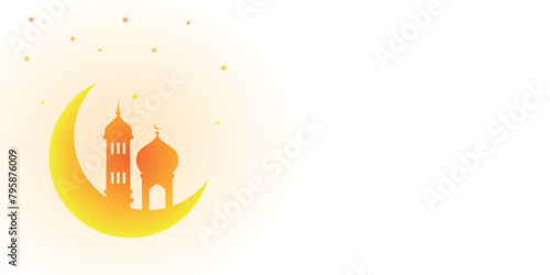 Ramadan and Eid, Islamic religious festival celebration, crescent moon and mosque, Muslim holy month, white and golden yellow background design, copy space for text