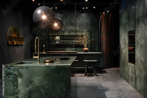 Contemporary modern kitchen interior in dark green colors and concrete elements.