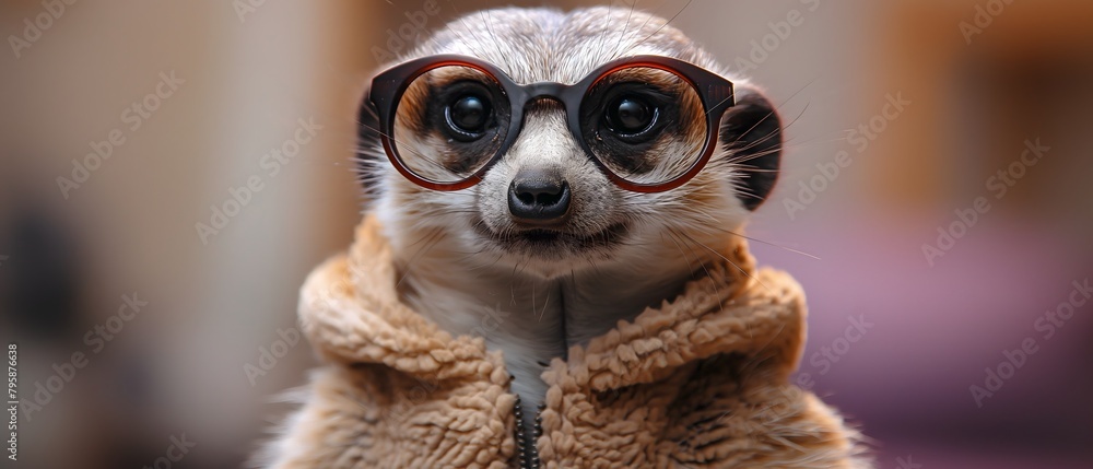 Meerkat with cool and dark sunglasses and cool hoodie, purple background