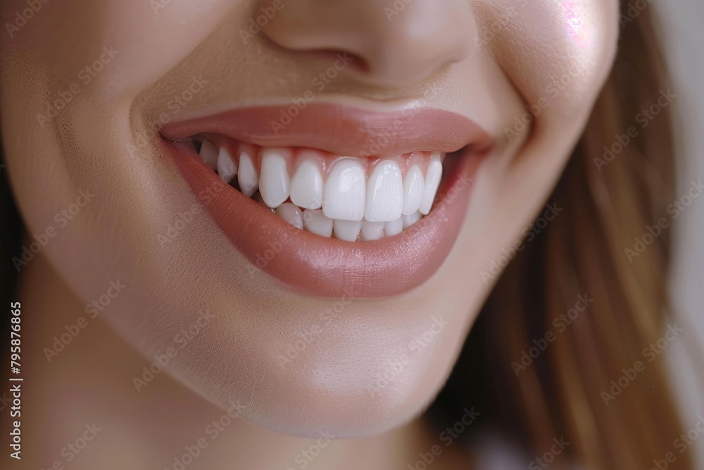 Fototapeta premium woman with smile after teeth whitening in clinic, closeup, Highly Detailed, high-resolution 16k --ar 3:2 Job ID: 5518fcdf-138d-4739-9ce5-6ebab67b8ce1