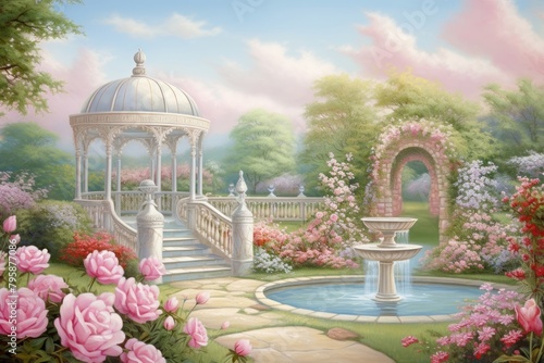 Painting of rose garden architecture outdoors flower. photo