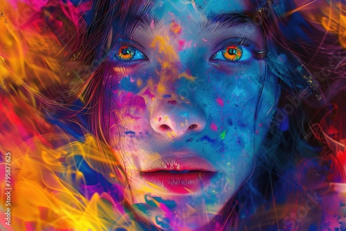 Close-up portrait of a beautiful girl with multicolored paint on her face  Ai Generated