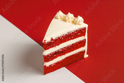 A piece of a creamy Red Velvet biscuit cake served on designer background. Advertisement campaign concept. Modern style. European cuisine. Close up shot