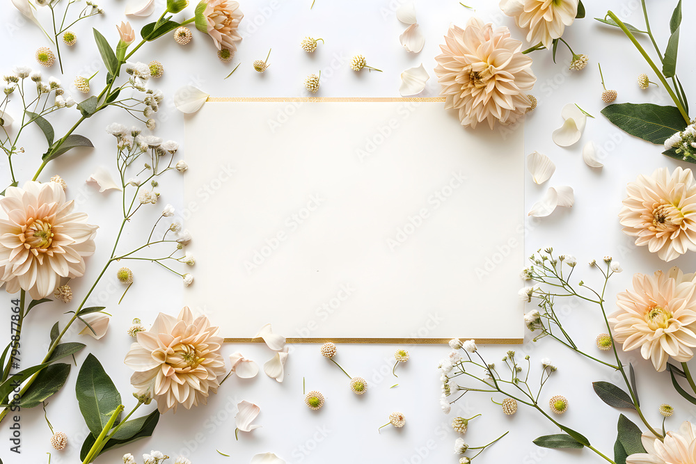 Stylish elegant flat lay white gold floristic greeting invitation post card with copy space mockup.