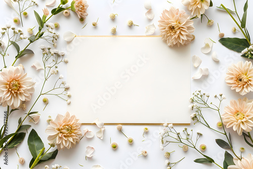Stylish elegant flat lay white gold floristic greeting invitation post card with copy space mockup. © Алина Троева