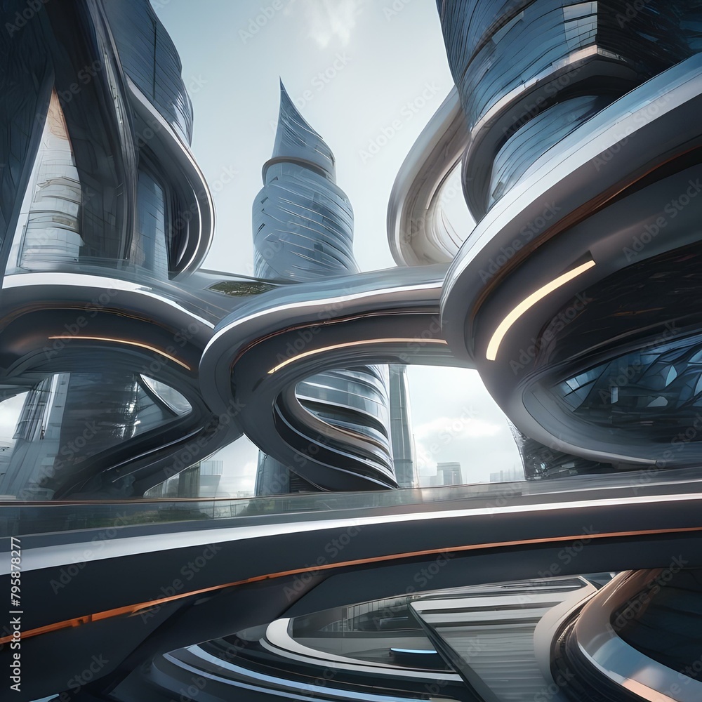 A futuristic cityscape with buildings and structures bending and twisting in a surreal and futuristic manner, as if alive with motion4