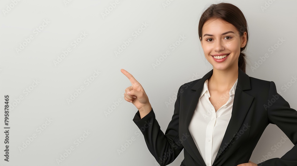 Smiling businesswoman pointing to side and showing empty space on white background, wearing suit, looking at camera, portrait shot, isolated, copy room. generative AI Smiling businesswoman pointing to side and showing empty space on white background, wearing suit, looking at camera, portrait shot, isolated, copy room. generative AI
