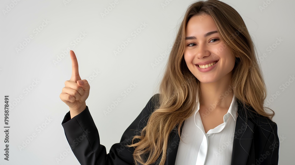 Smiling businesswoman pointing to side and showing empty space on white background, wearing suit, looking at camera, portrait shot, isolated, copy room. generative AI Smiling businesswoman pointing to side and showing empty space on white background, wearing suit, looking at camera, portrait shot, isolated, copy room. generative AI