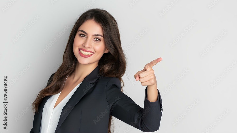 Smiling businesswoman pointing to side and showing empty space on white background, wearing suit, looking at camera, portrait shot, isolated, copy room. generative AI Smiling businesswoman pointing to side and showing empty space on white background, wearing suit, looking at camera, portrait shot, isolated, copy room. generative AI