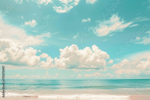 Beautiful tropical beach with blue sky and white clouds abstract texture background. Copy space of summer vacation and holiday business travel concept. Vintage tone filter - generative ai