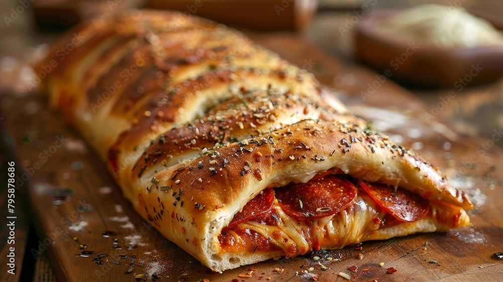 Intimate look at a freshly baked calzone stuffed with mozzarella and ...