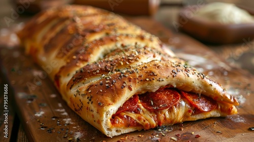 Wallpaper Mural Intimate look at a freshly baked calzone stuffed with mozzarella and pepperoni, highlighted by precise studio lighting on an isolated backdrop Torontodigital.ca