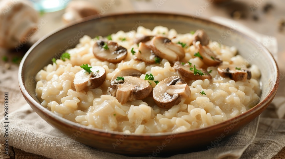 Intimate and inviting close-up of Mozzarella and Mushroom Risotto, studio lighting casts shadows and highlights, set against an isolated background Intimate and inviting close-up of Mozzarella and Mushroom Risotto, studio lighting casts shadows and highlights, set against an isolated background