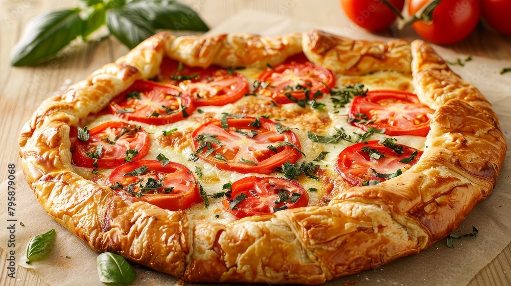 High-resolution image of a golden, bubbly Mozzarella and Tomato Galette, emphasizing texture and colors on an isolated background