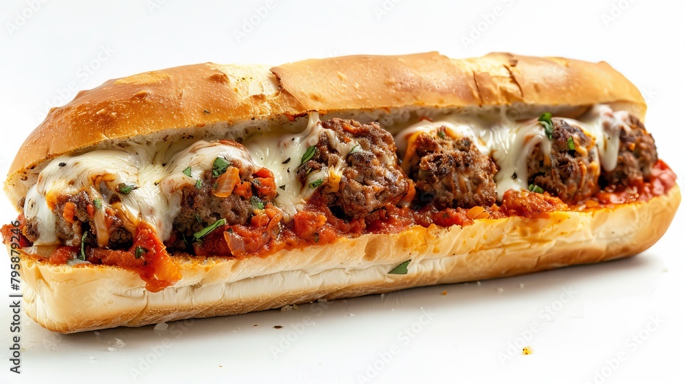 High-definition close-up of a meatball sub with garlic beef meatballs, smothered in marinara, topped with melted mozzarella, on a stark white background High-definition close-up of a meatball sub with garlic beef meatballs, smothered in marinara, topped with melted mozzarella, on a stark white background