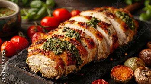 High-quality studio image of sliced Hasselback Chicken with pesto and mozzarella, golden-brown, served with roasted veggies, isolated background
