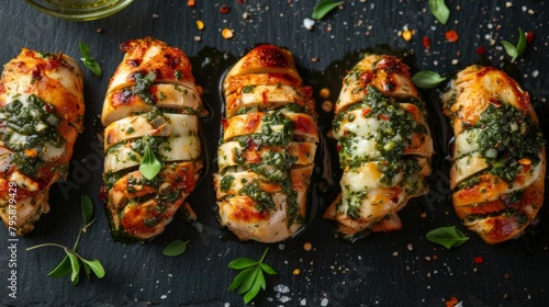Hasselback Chicken breasts, richly filled with pesto and mozzarella, roasted to perfection, captured from above with high-detail studio lighting on an isolated background