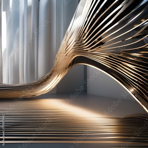 Sleek, metallic structures bending and flexing in a rhythmic dance of motion and light, reflecting their surroundings in a dynamic way3