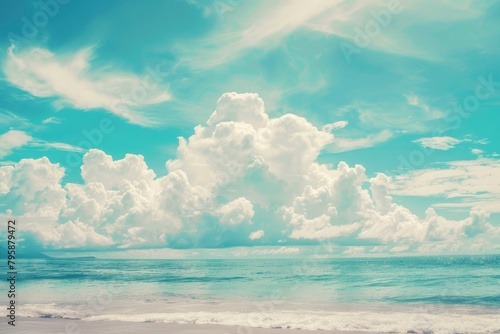 Beautiful tropical beach with blue sky and white clouds abstract texture background. Copy space of summer vacation and holiday business travel concept. Vintage tone filter - generative ai © Nia™