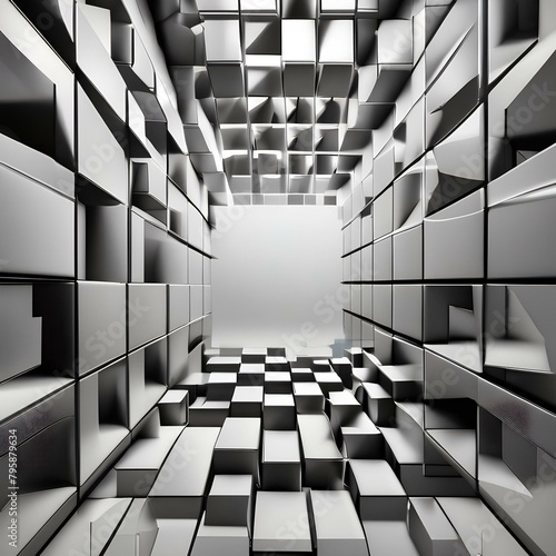 A three-dimensional grid of cubes rotating and shifting, creating an optical illusion of depth and movement, challenging the viewer's perception3