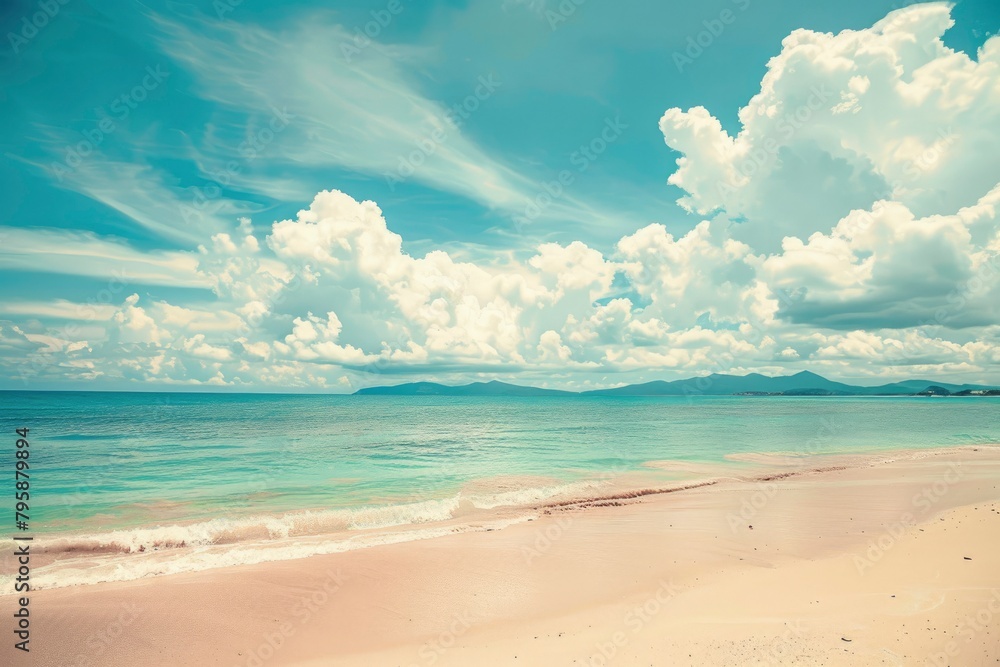 Beautiful tropical beach with blue sky and white clouds abstract texture background. Copy space of summer vacation and holiday business travel concept. Vintage tone filter - generative ai