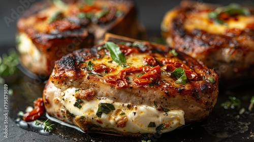 Grilled stuffed pork chops with mozzarella and sun-dried tomatoes  close-up in studio  emphasizing the juicy interior and crispy crust  isolated backdrop