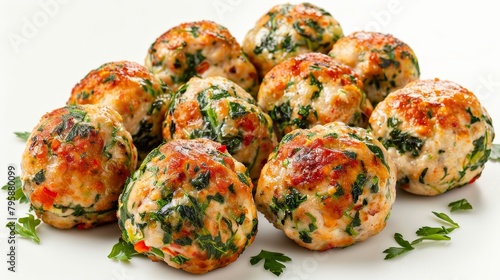 Gourmet top view shot of chicken meatballs stuffed with spinach and cheeses, baked to perfection, showcased against a white backdrop, studio lit