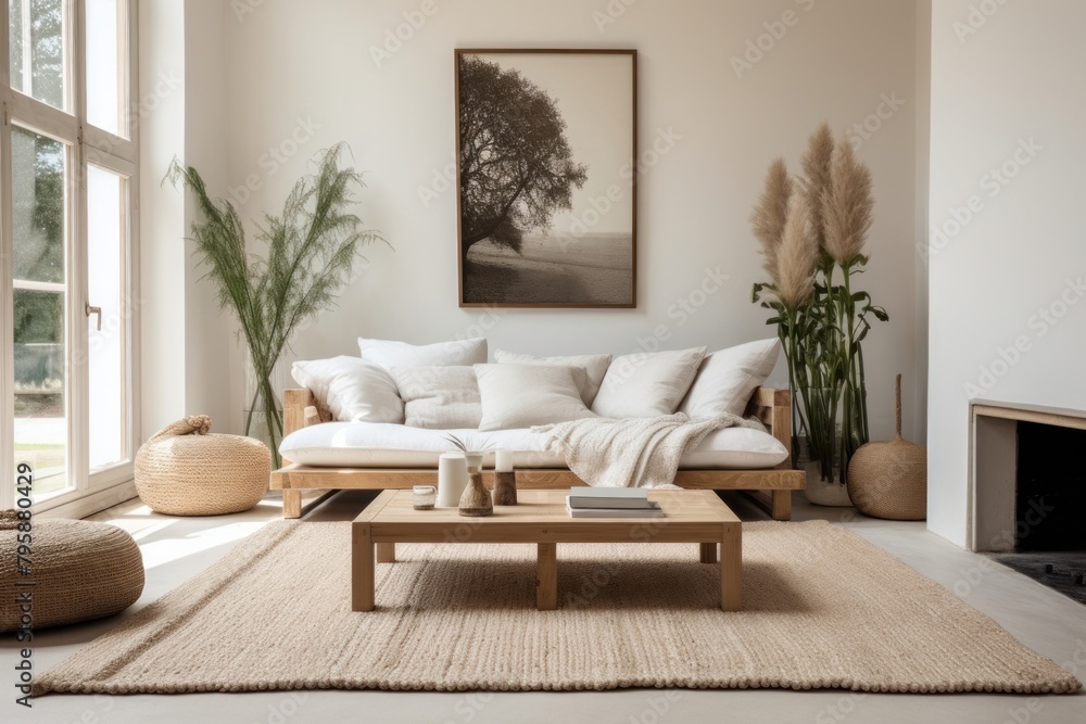 Fototapeta premium Flecked jute and cotton rug room architecture furniture