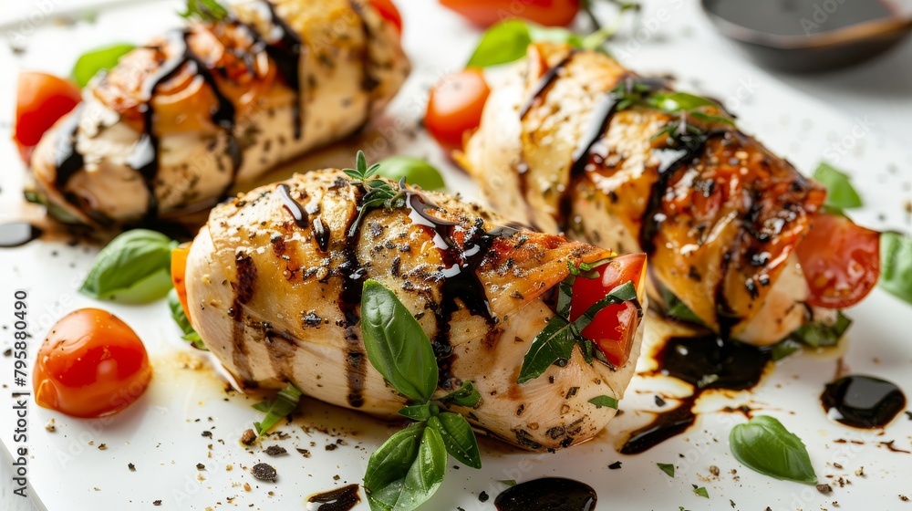 Gourmet top view of baked Caprese stuffed chicken, perfectly golden with a drizzle of balsamic glaze, on an isolated white backdrop Gourmet top view of baked Caprese stuffed chicken, perfectly golden with a drizzle of balsamic glaze, on an isolated white backdrop