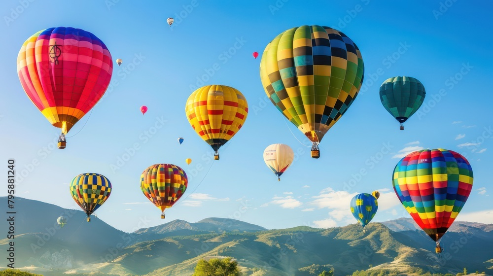 Obraz premium Colorful hot air balloons on a beautiful mountain background