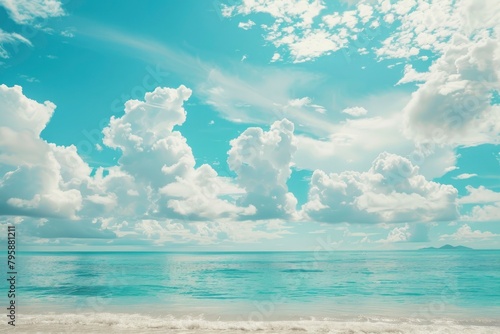 Beautiful tropical beach with blue sky and white clouds abstract texture background. Copy space of summer vacation and holiday business travel concept. Vintage tone filter - generative ai