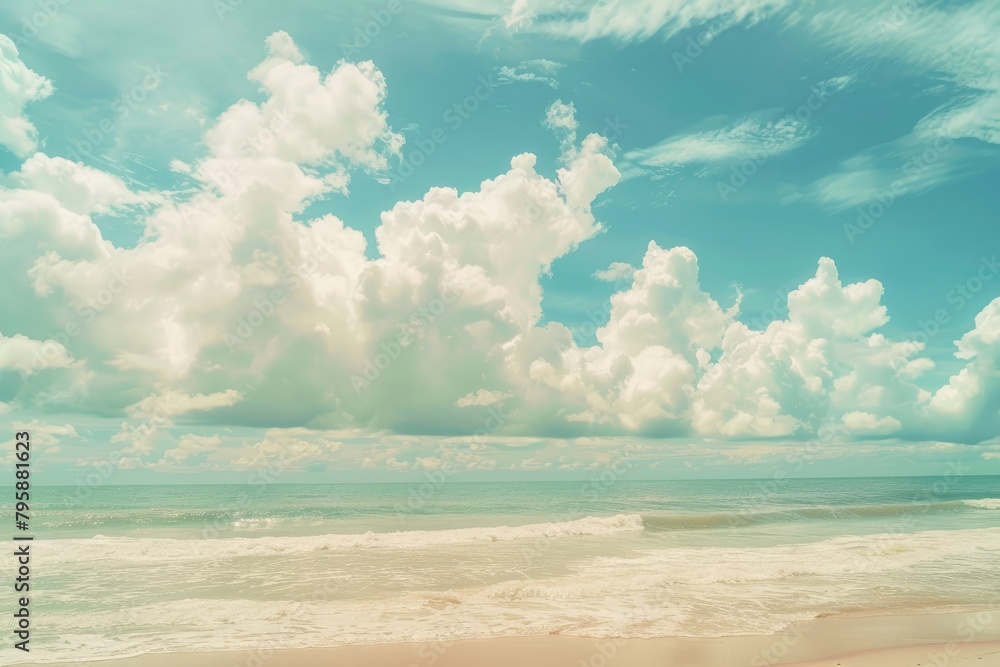 Beautiful tropical beach with blue sky and white clouds abstract texture background. Copy space of summer vacation and holiday business travel concept. Vintage tone filter - generative ai - obrazy, fototapety, plakaty 