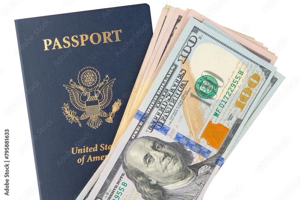 US passport with money. USA 100$ bill. United States passport for travel and hundred dollar note. Immigration and travel US identification. Cash and document for international travel. 100 dollar paper US passport with money. USA 100$ bill. United States passport for travel and hundred dollar note. Immigration and travel US identification. Cash and document for international travel. 100 dollar paper