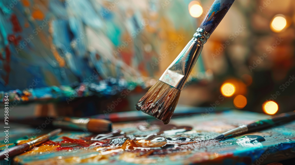 A focused shot of a paintbrush dipped in paint against a blurred art studio A focused shot of a paintbrush dipped in paint against a blurred art studio