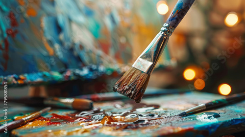 A focused shot of a paintbrush dipped in paint against a blurred art studio
