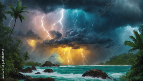 Surreal scenes where colorful droplets of liquid dance in a tropical storm, featuring intense shades of stormy gray, thundercloud blue, lightning yellow, and rainforest green ULTRA HD 8K photo