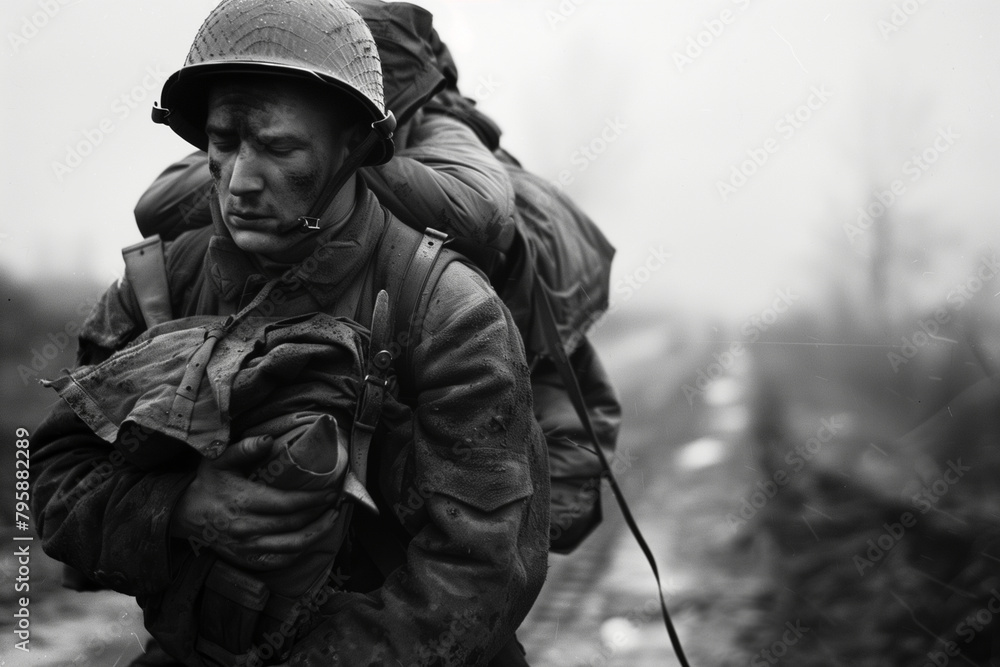 Obraz premium a soldier carries his wounded freiend on his back during worl war 2